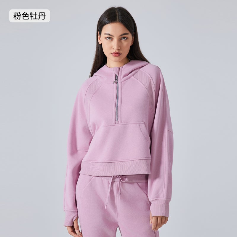 Generic New Velveteen Warm Hoodie Women Crop Sportswear Pink peony 