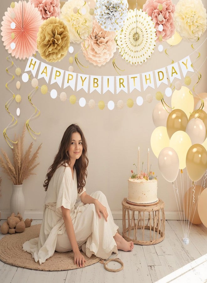 زينة حفلات عيد ميلاد YTHETM بلون ذهبي شامبانيا، مناسبة لفصل الخريف، بتصميم بوهيمي أنيق، للنساء والفتيات. تتضمن الزينة لافتة "عيد ميلاد سعيد"، بالونات، كرات بوم بوم ورقية، مراوح ورقية، وشرائط زينة للحفلات. - Image 4