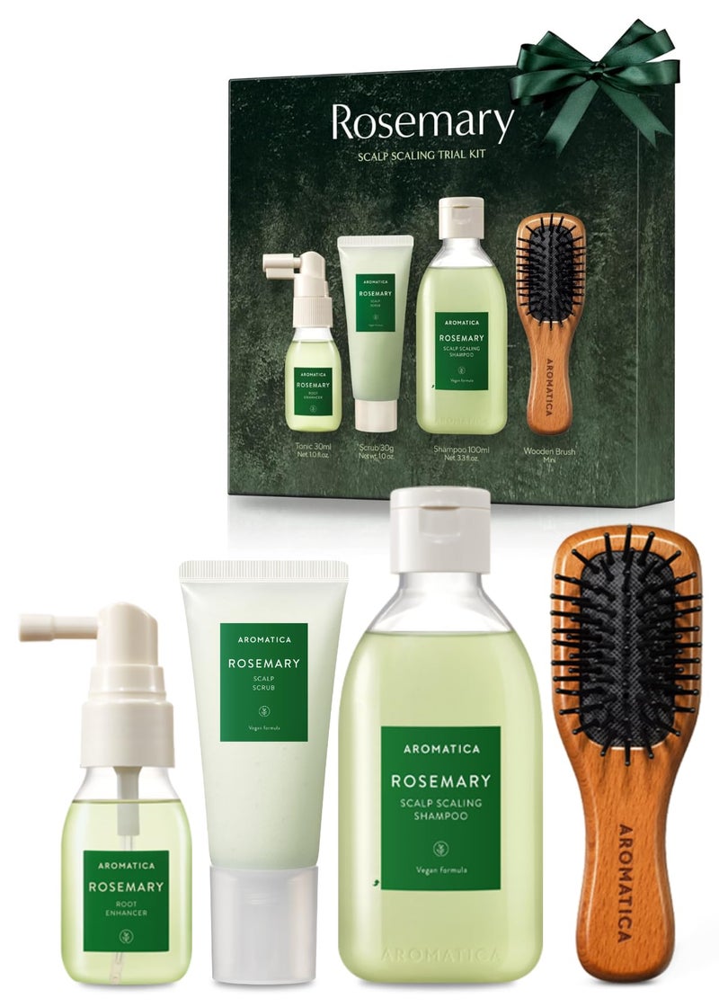 AROMATICA Rosemary Scalp Scaling Trial Kit - Travel Size Korean Hair Care Kit for Women with Mini Wooden Brush, Gentle Exfoliating Scalp Care for Hair Growth Product, with Rosemary Oil & Vegan Formula - Image 1