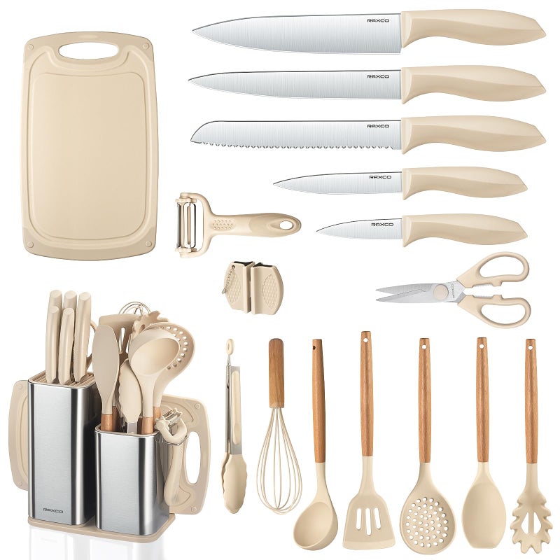 RAXCO Cooking Utensils Set,12-Piece Kitchen Utensils and Accessories,6-Piece Knife set,utensilios de cocina,Khiki - Image 1