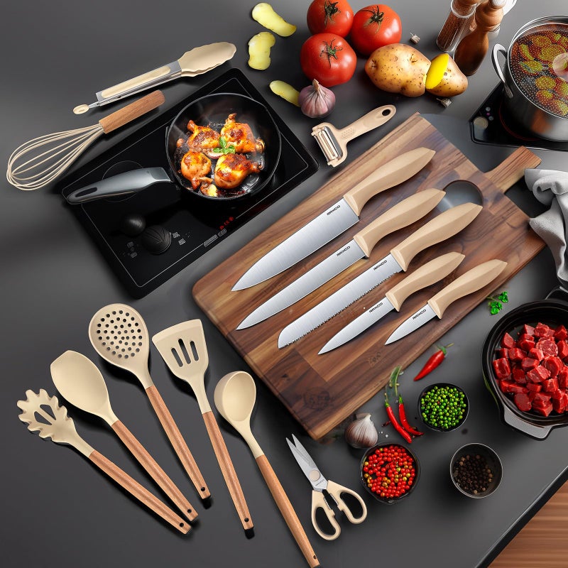 RAXCO Cooking Utensils Set,12-Piece Kitchen Utensils and Accessories,6-Piece Knife set,utensilios de cocina,Khiki - Image 2