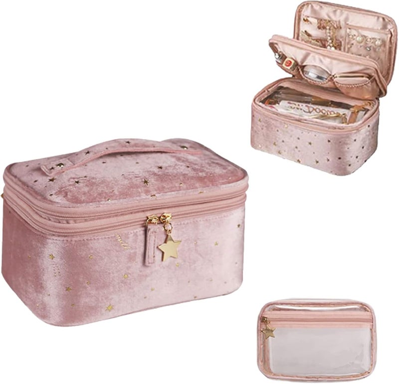 comfrt Large Capacity Velvet Cosmetic Bag, Star Embroidery Cosmetic Storage Case, with Handle Makeup Brush Holder Double Layer Bag Large (B-Pink) - Image 1
