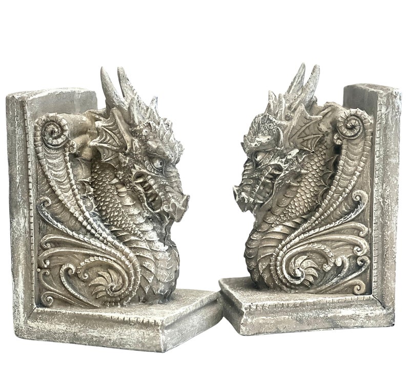 Bellaa 25617 Dragon Bookends Gothic Midieval Castle Mystic Decorative Retro Vintage Book Ends Holder Heavy Stoppers Bookshelf Books Shelves Library Shelf Dividers - Image 1