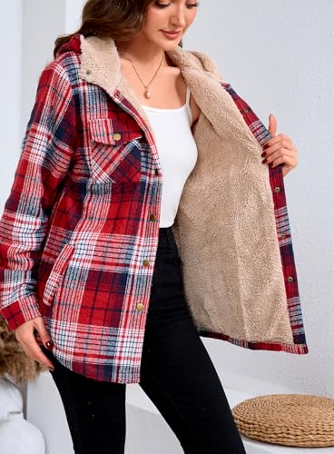 Elesuit Women's Fleece Flannel Jacket Plaid Sherpa Lined Jacket Long Sleeve Button Down Hooded Jackets for Women Dark Red XX-Large - Image 3