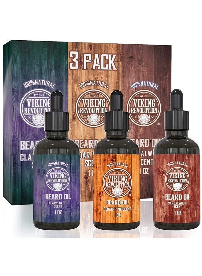 Viking Revolution Beard Oil Conditioner 3 Pack - All Natural Variety Set - Sandalwood, Pine & Cedar, Clary Sage Conditioning and Moisturizing for a Healthy Beard  - Image 1
