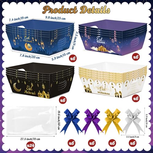 OSNIE Eid Mubarak Gift Bag Empty Baskets - 24 Sets Islamic Eid Gold Lantern and Moon Party Gift Baskets Empty with Cellophane Bags and Ribbons Bows for Festivals Holiday Business Carnival (4 Styles) - Image 2
