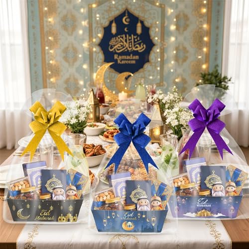 OSNIE Eid Mubarak Gift Bag Empty Baskets - 24 Sets Islamic Eid Gold Lantern and Moon Party Gift Baskets Empty with Cellophane Bags and Ribbons Bows for Festivals Holiday Business Carnival (4 Styles) - Image 4