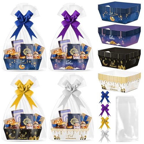 OSNIE Eid Mubarak Gift Bag Empty Baskets - 24 Sets Islamic Eid Gold Lantern and Moon Party Gift Baskets Empty with Cellophane Bags and Ribbons Bows for Festivals Holiday Business Carnival (4 Styles) - Image 1