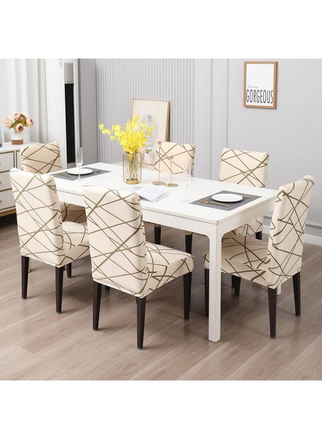Styleys Polyester Printed Washable Elastic Dining Chair Cover Slipcovers (Set of 4 Beige Line, SD110A) - Image 3