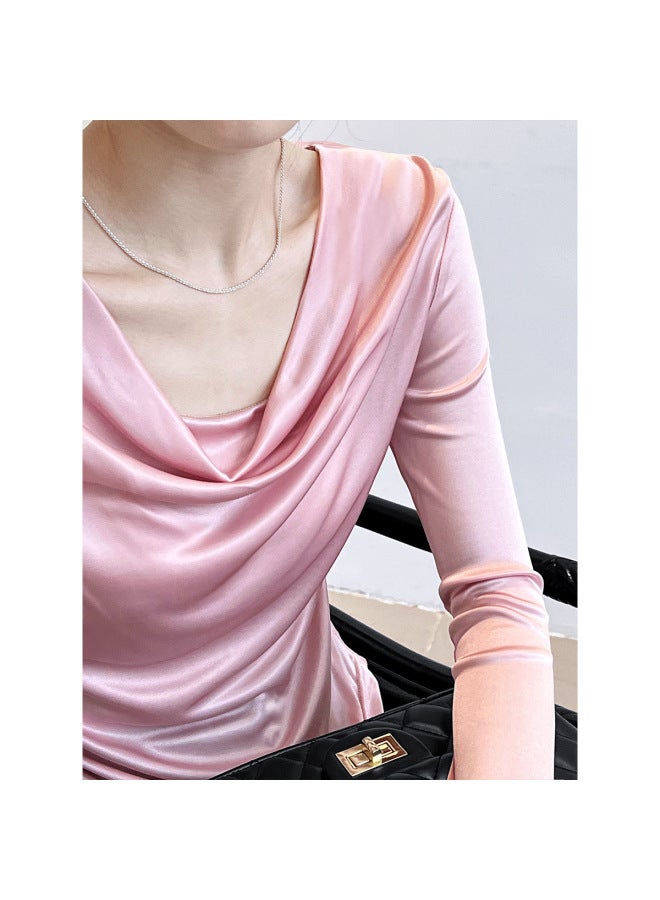 Luxi High-end Design Sense Pile Collar Irregular Long-sleeved Acetate T-shirt Women's Bottoming Shirt Top 2605 - Image 4