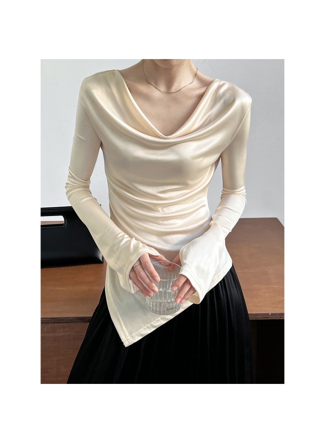 Luxi High-end Design Sense Pile Collar Irregular Long-sleeved Acetate T-shirt Women's Bottoming Shirt Top 2605 - Image 3