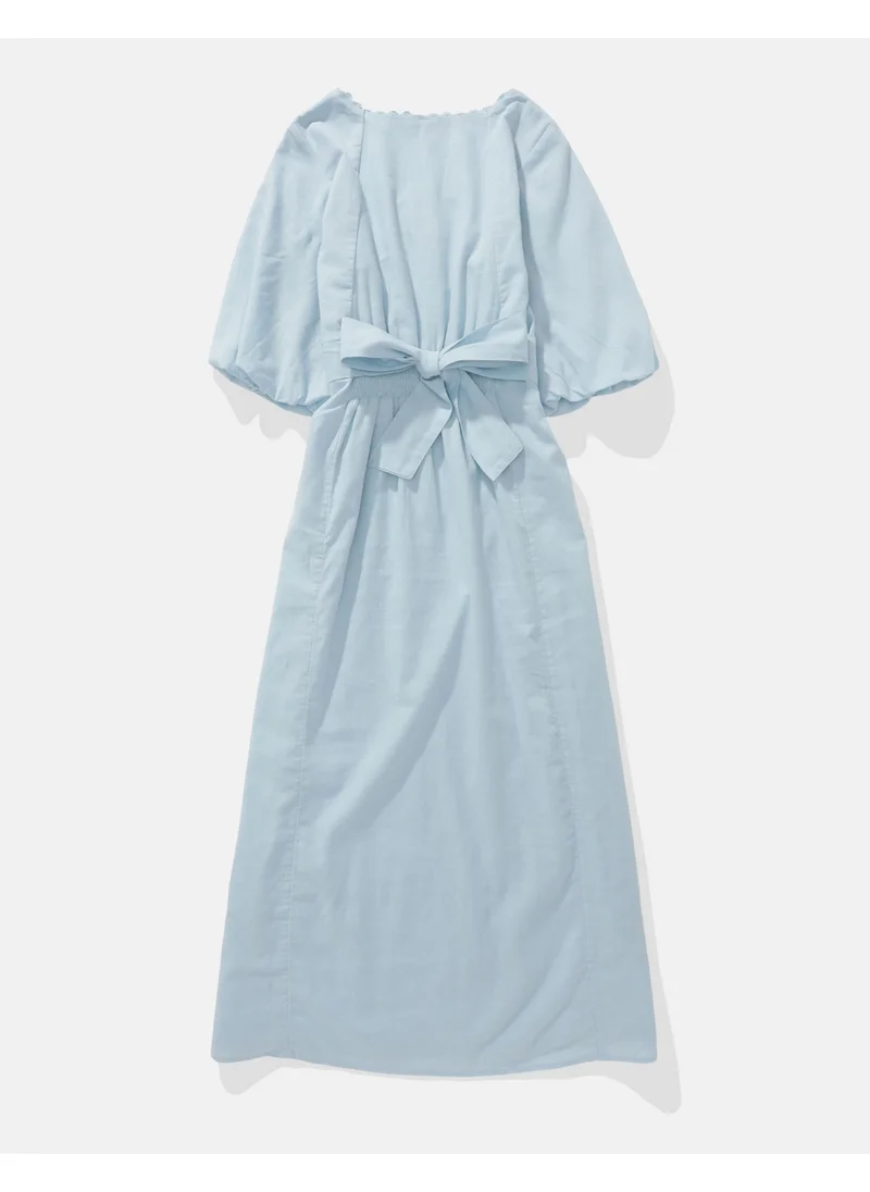 American Eagle AE Linen-Blend Puff Sleeve Tie Back Midi Dress