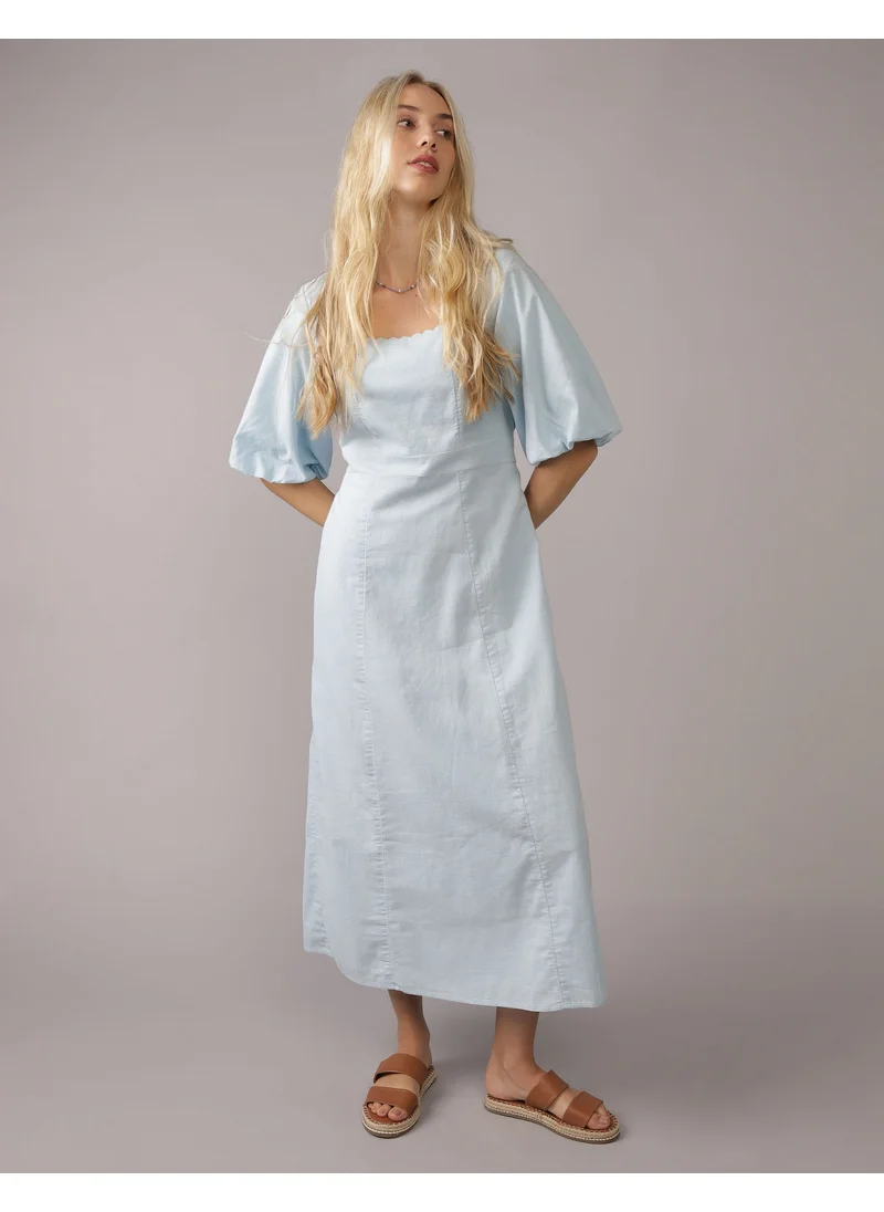 American Eagle AE Linen-Blend Puff Sleeve Tie Back Midi Dress