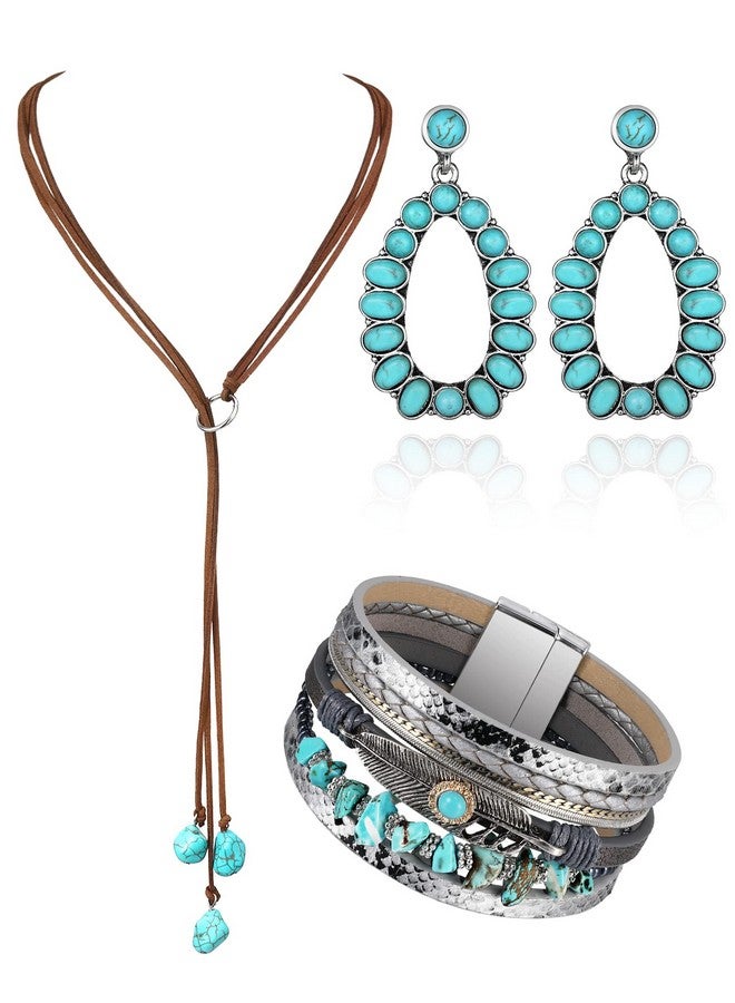 Inbagi 3 Pcs Western Jewelry For Women Bohemian Set, Boho Pendant Long Choker, Faux Leather Layered Bracelet, Dangle Earrings(Elegant Style) - Image 1