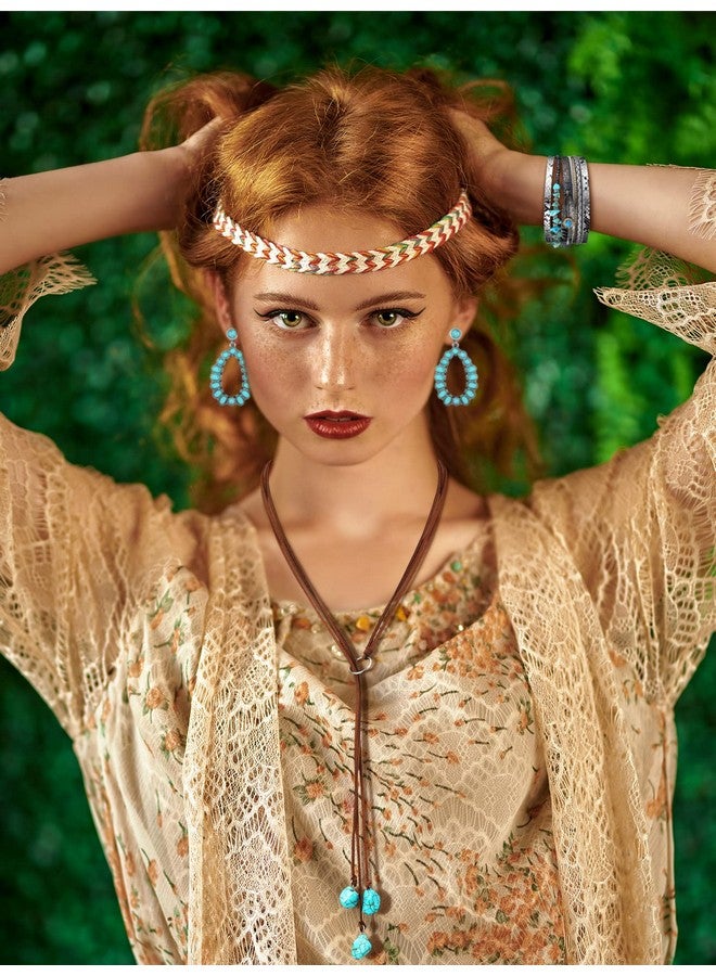 Inbagi 3 Pcs Western Jewelry For Women Bohemian Set, Boho Pendant Long Choker, Faux Leather Layered Bracelet, Dangle Earrings(Elegant Style) - Image 4