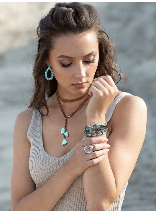 Inbagi 3 Pcs Western Jewelry For Women Bohemian Set, Boho Pendant Long Choker, Faux Leather Layered Bracelet, Dangle Earrings(Elegant Style) - Image 3