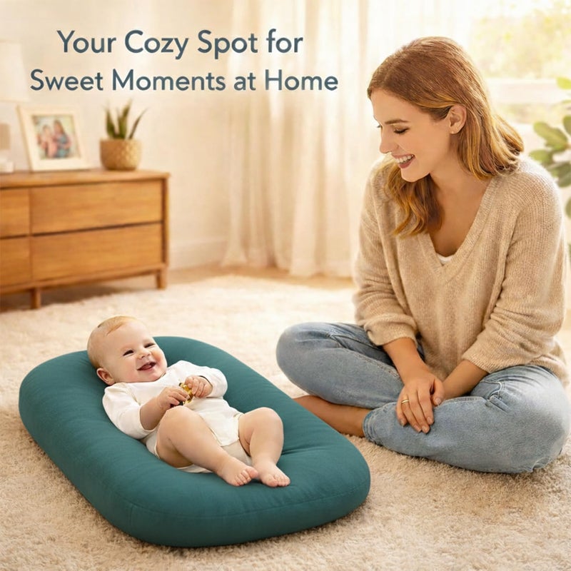 Loevin Baby Lounger for Newborn,Baby Play Mat Soft Cotton for Playtime & Sitting,Flat Babies Essentials Gifts Awake-Time for Boys & Girls 0-12 Months Home Travel(Peacock Green) - Image 2