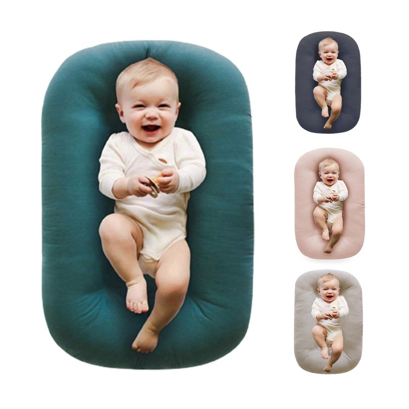 Loevin Baby Lounger for Newborn,Baby Play Mat Soft Cotton for Playtime & Sitting,Flat Babies Essentials Gifts Awake-Time for Boys & Girls 0-12 Months Home Travel(Peacock Green) - Image 1