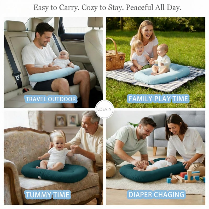 Loevin Baby Lounger for Newborn,Baby Play Mat Soft Cotton for Playtime & Sitting,Flat Babies Essentials Gifts Awake-Time for Boys & Girls 0-12 Months Home Travel(Peacock Green) - Image 5