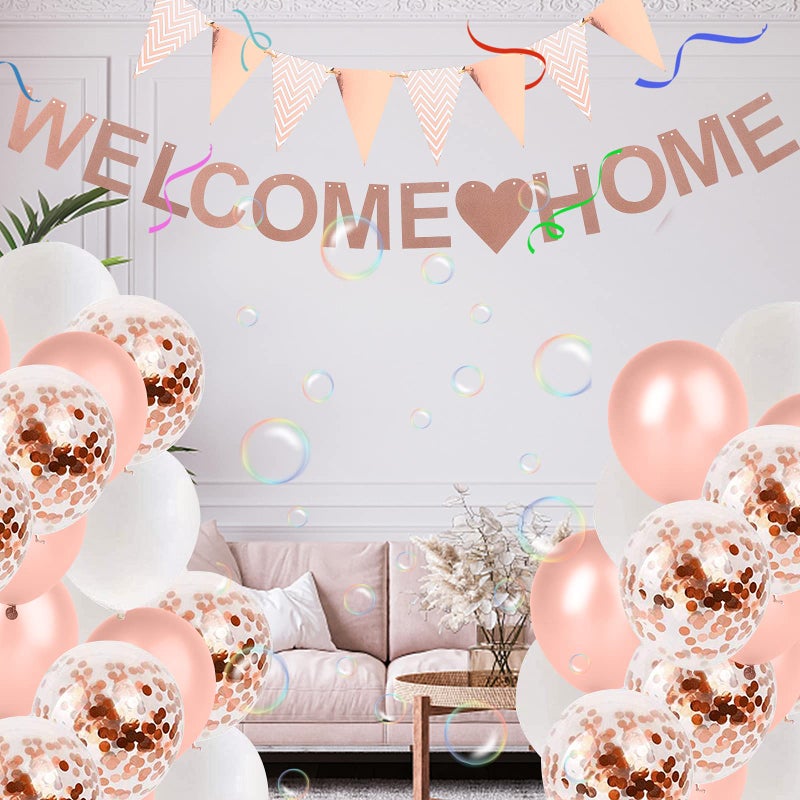 TBoxBo 15 Pcs Welcome Home Banner Kit Rose Gold Glitter Welcome Back Balloon Banner Decorations Welcome Home Sign