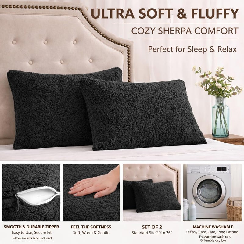 Reafort Ultra Soft Sherpa Pillowcases Pillow Covers Standard Size 20"x26" Pack of 2 with Zipper Closure (Black, 20”x26” Standard Sham) - Image 3