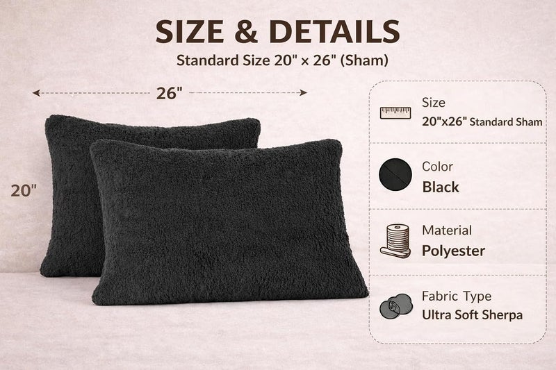 Reafort Ultra Soft Sherpa Pillowcases Pillow Covers Standard Size 20"x26" Pack of 2 with Zipper Closure (Black, 20”x26” Standard Sham) - Image 2