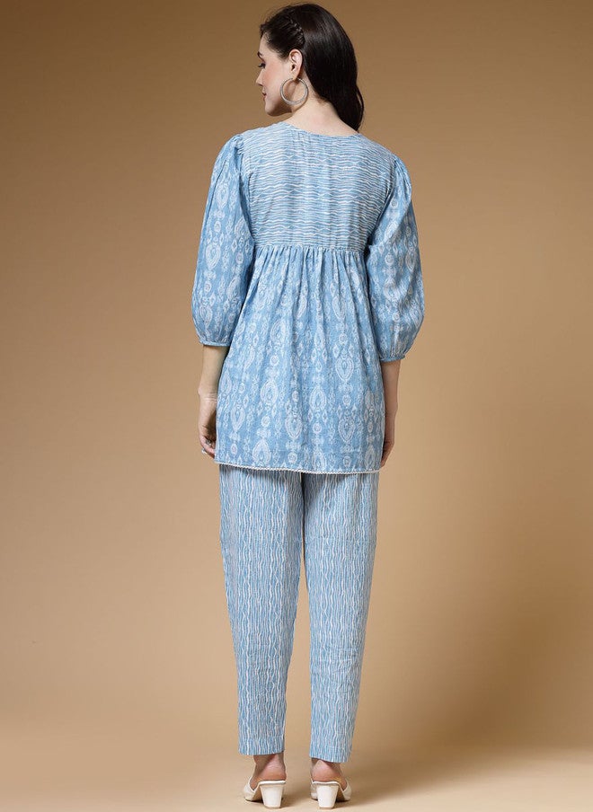 Indibelle Blue & White Printed Pure Cotton Top and Trouser Set - Image 5