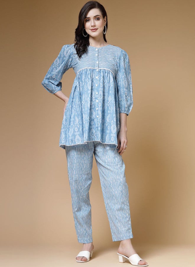 Indibelle Blue & White Printed Pure Cotton Top and Trouser Set - Image 1