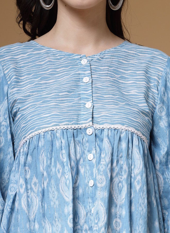 Indibelle Blue & White Printed Pure Cotton Top and Trouser Set - Image 2