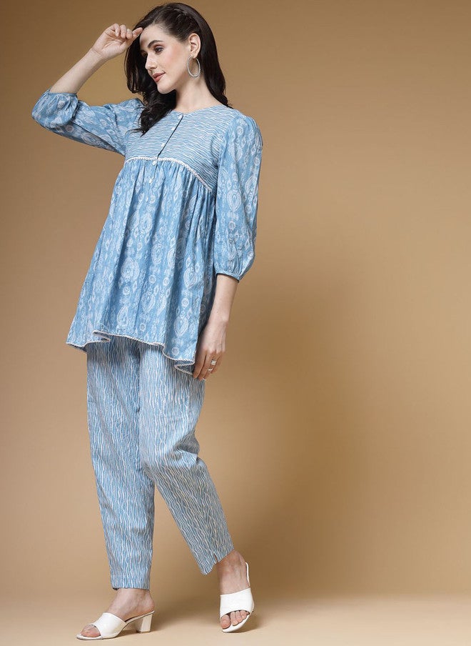 Indibelle Blue & White Printed Pure Cotton Top and Trouser Set - Image 4