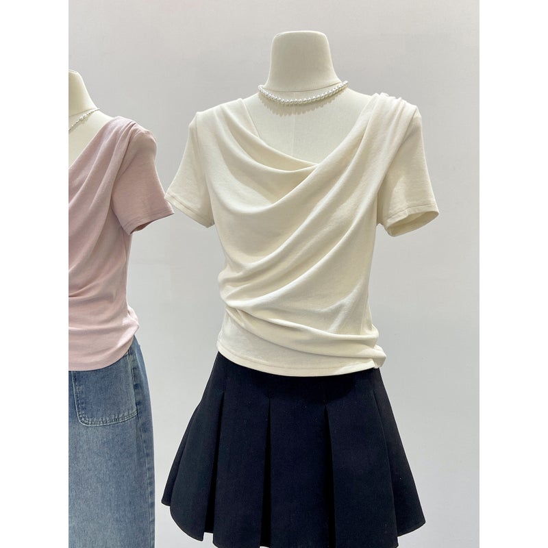 Women's T-Shirt with Draped Neck, Irregular Ruffle, Off-Shoulder - Image 2