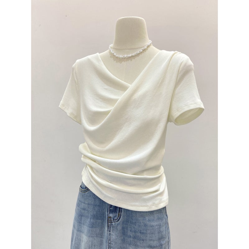 Women's T-Shirt with Draped Neck, Irregular Ruffle, Off-Shoulder - Image 1