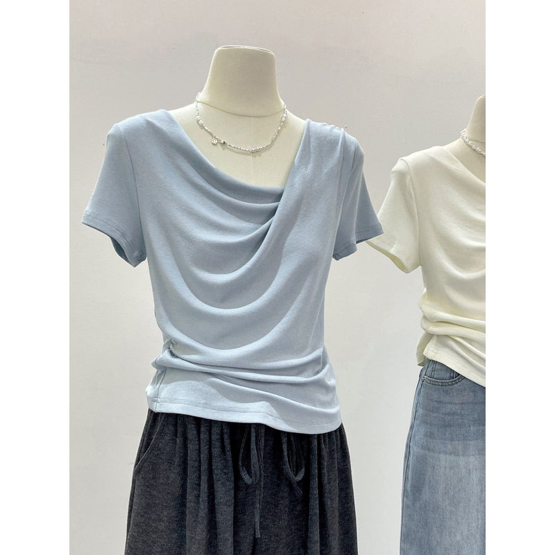 Women's T-Shirt with Draped Neck, Irregular Ruffle, Off-Shoulder - Image 4