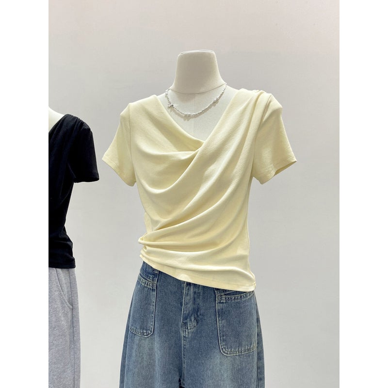 Women's T-Shirt with Draped Neck, Irregular Ruffle, Off-Shoulder - Image 3
