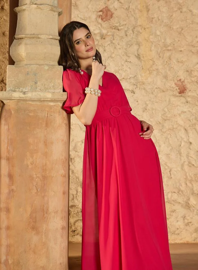 SASSAFRAS Pink V-Neck Short Sleeve Belted Maxi Dress