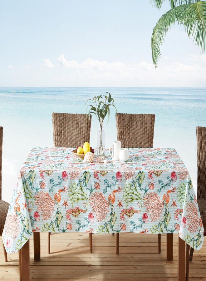 Newbridge Vinyl Rectangle Tablecloth with Flannel Backing, 52 x 70 Inch, Neponsit Sea Life, Waterproof, Soil Resistant Dining Room, Party and Banquet Table Cover, Starfish, Seahorses and Coral, Blue - Image 1