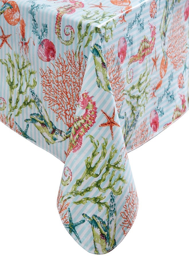 Newbridge Vinyl Rectangle Tablecloth with Flannel Backing, 52 x 70 Inch, Neponsit Sea Life, Waterproof, Soil Resistant Dining Room, Party and Banquet Table Cover, Starfish, Seahorses and Coral, Blue - Image 2