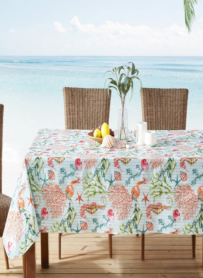 Newbridge Vinyl Rectangle Tablecloth with Flannel Backing, 52 x 70 Inch, Neponsit Sea Life, Waterproof, Soil Resistant Dining Room, Party and Banquet Table Cover, Starfish, Seahorses and Coral, Blue - Image 3