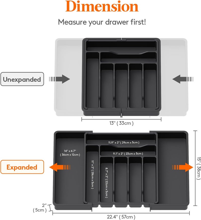 Lifewit Silverware Drawer Organizer Expandable Utensil Organizer for Kitchen Drawers Adjustable Cutlery and Flatware Tray Plastic Spoons Forks Knives Holder Storage Dividers Large Black - Image 3