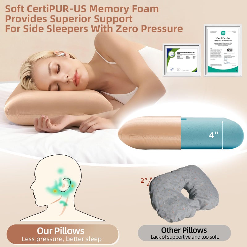 USlixury Ear Piercing Pillow with Foam Plug, Ear Plilow with Off Center and 4.7"X3.2" Ear Hole, Soft CertiPUR-US Memory Foam, Piercing Plilow for Side Sleepers, Satin, Champagne, 16"X11"X4'' - Image 4