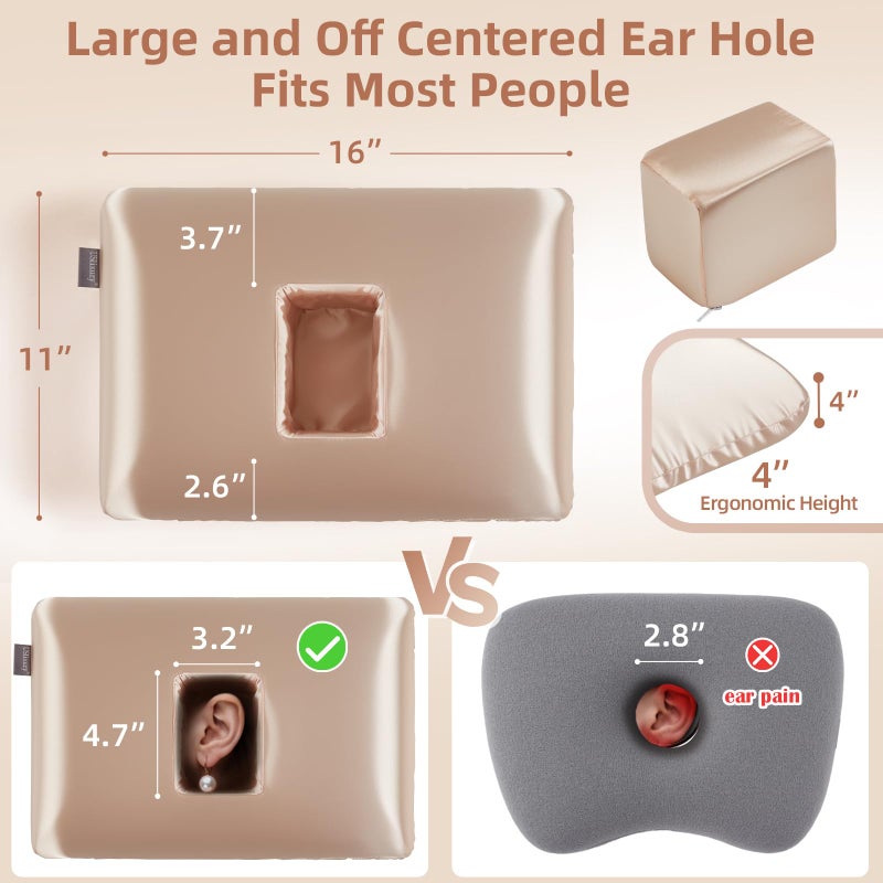 USlixury Ear Piercing Pillow with Foam Plug, Ear Plilow with Off Center and 4.7"X3.2" Ear Hole, Soft CertiPUR-US Memory Foam, Piercing Plilow for Side Sleepers, Satin, Champagne, 16"X11"X4'' - Image 3