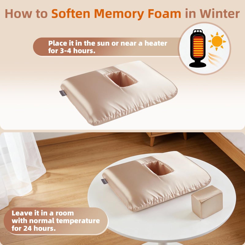 USlixury Ear Piercing Pillow with Foam Plug, Ear Plilow with Off Center and 4.7"X3.2" Ear Hole, Soft CertiPUR-US Memory Foam, Piercing Plilow for Side Sleepers, Satin, Champagne, 16"X11"X4'' - Image 5