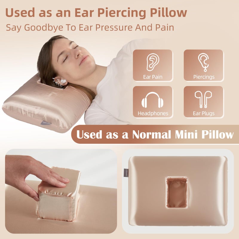 USlixury Ear Piercing Pillow with Foam Plug, Ear Plilow with Off Center and 4.7"X3.2" Ear Hole, Soft CertiPUR-US Memory Foam, Piercing Plilow for Side Sleepers, Satin, Champagne, 16"X11"X4'' - Image 2