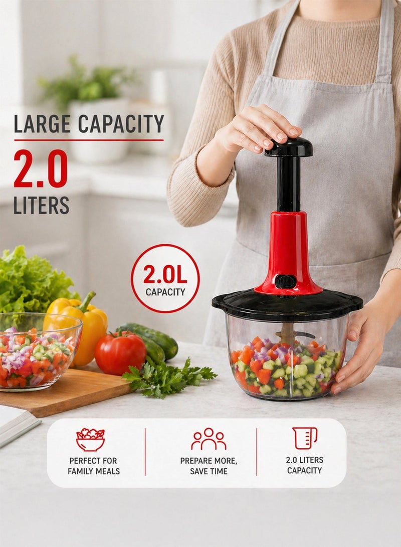 Toshionics Manual Food Processor Food Chopper 2.0L – Multifunctional Hand Push Vegetable Cutter with Stainless Steel Blades, Large Capacity Kitchen Chopper for Onion, Garlic, Meat and Salad - Image 3