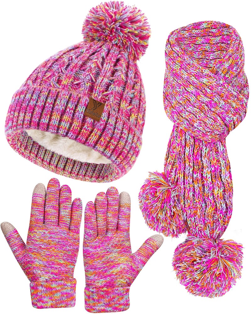 Yafeite Kids Winter Hat Gloves Scarf Set, Girls Boys Toddler Winter Hat Beanie Pom Knitted Scarves Mittens Fleece Lined Age 5-12 (Rainbow) - Image 1