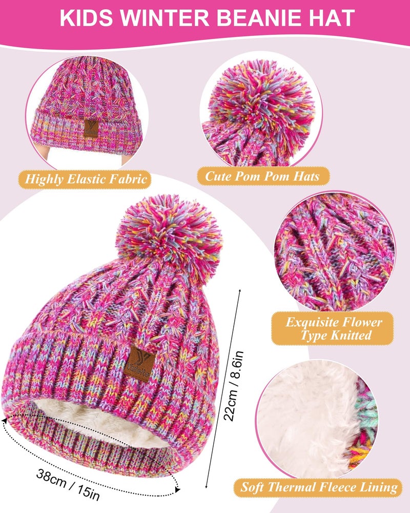 Yafeite Kids Winter Hat Gloves Scarf Set, Girls Boys Toddler Winter Hat Beanie Pom Knitted Scarves Mittens Fleece Lined Age 5-12 (Rainbow) - Image 2