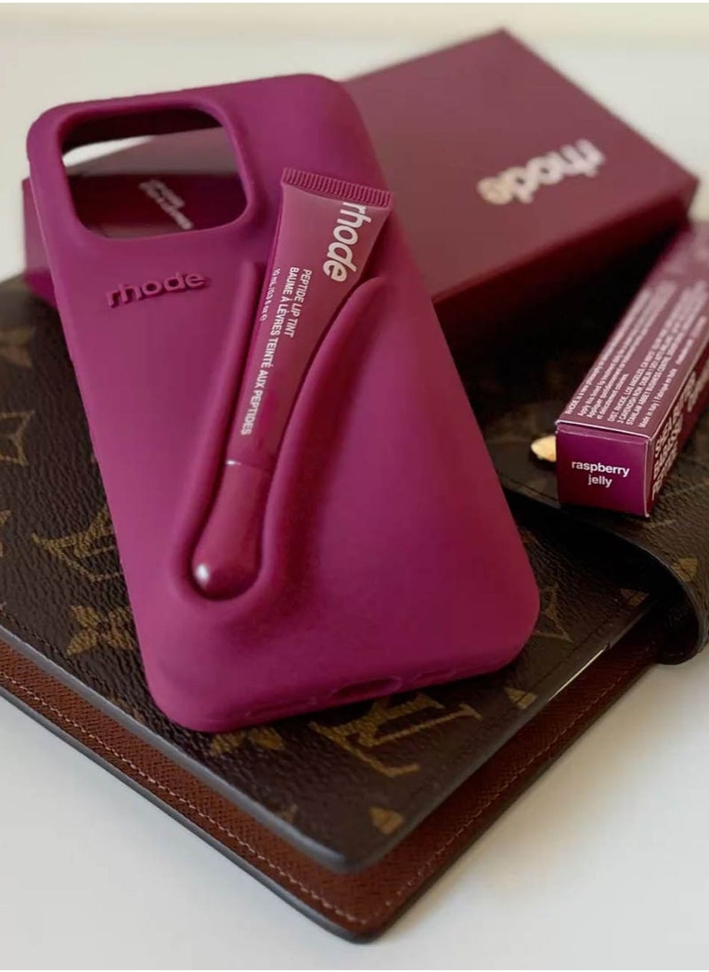 rhode - Rhode iPhone 15 Pro Phone Case with Lip Gloss ,Silicone Shockproof and Scratch-Resistant Protective Case,Phone Rhode Case with Silicone Lipstick Holder,Applicable to iPhone 15 Pro-(Raspberry Jelly) - Image 1