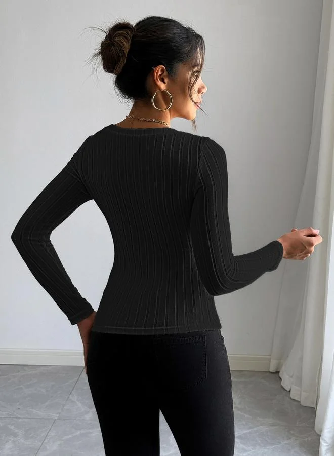 Take Two Women Black Ribbed Knit Long Sleeve Top