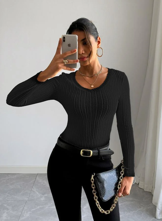 Take Two Women Black Ribbed Knit Long Sleeve Top