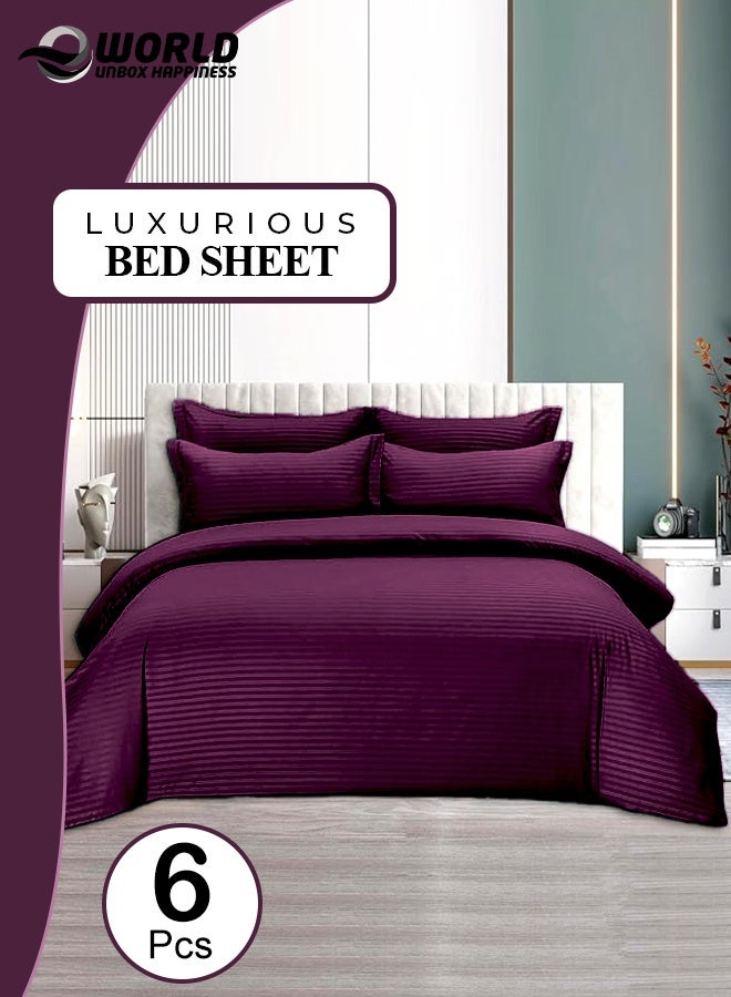 Eworld 6-Piece Premium King Size Bedding Set, Purple Striped Design-1 Full/King Size Luxury Bedsheet with Stripped Pattern with 1 Soft Duvet Cover and 4 Pillowcases – Suitable for Home and Hotels - Image 1